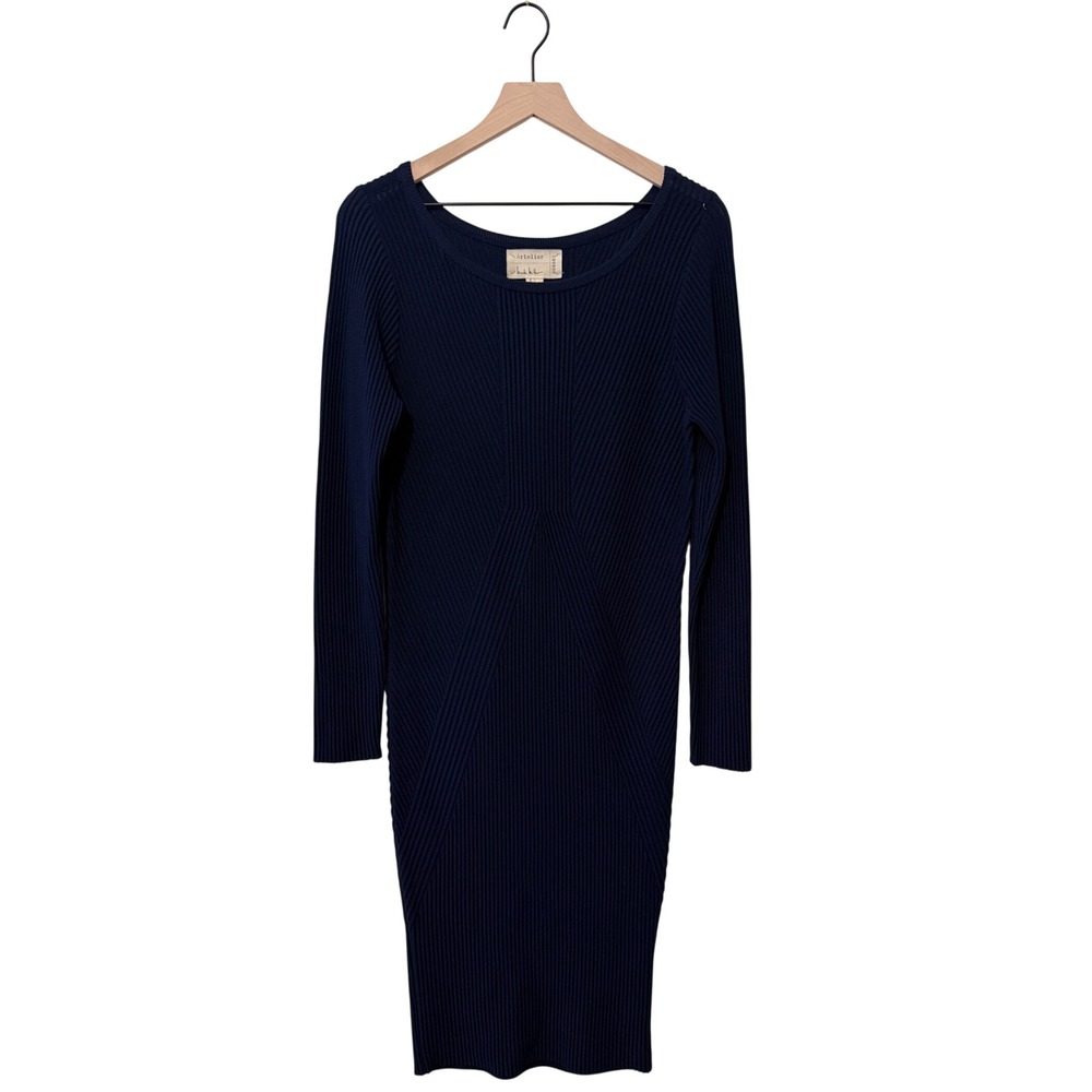 Nicole Miller Artelier Ribbed Sweater Dress Navy Viscose Knit Bodycon Midi